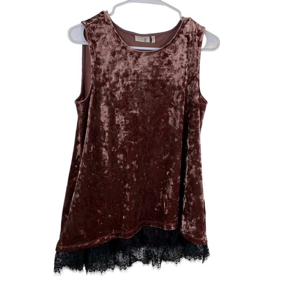 LOGO Lori Goldstein Top Women's Brown Sz S Crushed Velvet Sleeveless Lace Hem